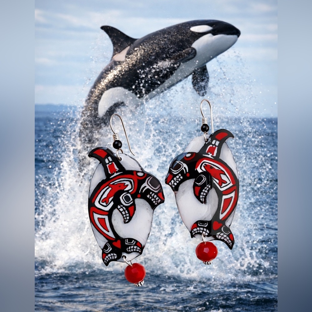 Handpainted orca, killer whale Haida style earrings, one-of-a-kind tribal